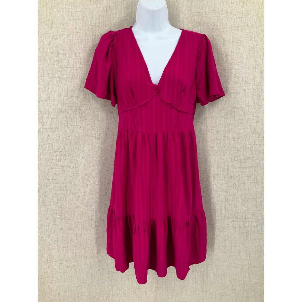 Knox Rose Dress Womens XS Magenta Boho Tiered V-Neck Flutter Sleeve Mini Smocked